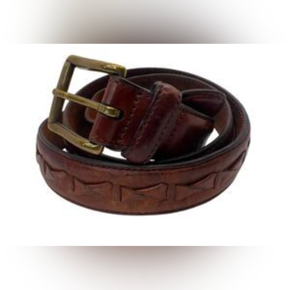 Fossil Men's Brown Woven Leather Belt Brass Basic Classic Western Dress Preowned